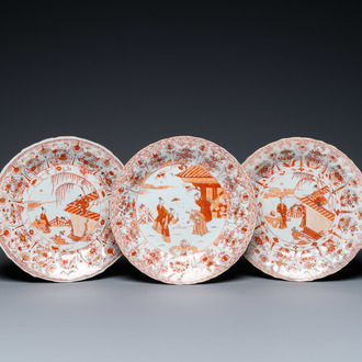 Three Chinese lotus-molded iron-red and gilt dishes, Kangxi