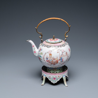 A Chinese Canton enamel teapot on warming stand, Qianlong