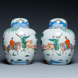 A pair of Chinese wucai jars and covers, Wanli mark, 19th C.