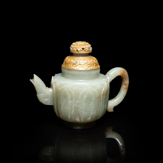 A Chinese pale celadon jade teapot and cover, Qing