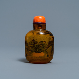 A Chinese inside-painted glass snuff bottle with grasshoppers, attr. to Xue Shaofu, ca. 1900