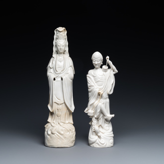 Deux figures en porcelaine blanc de Chine figurant Liu Hai et Guanyin, Kangxi