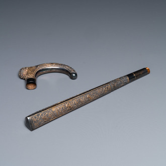 A Vietnamese gilt silver cane handle and a parasol handle, marked 'VINH SADEC', 19th C.