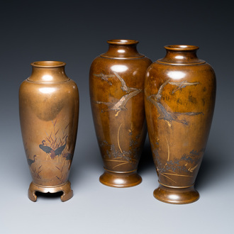 Three Japanese silver- and brass inlaid bronze vases, Meiji, 19th C.