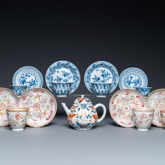 Eight Chinese blue and white and famille rose cups and saucers and an Imari-style teapot, Kangxi/Qianlong