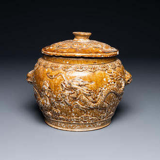 A Vietnamese brown-glazed 'dragon and deer' bowl and cover, 15/16th C.