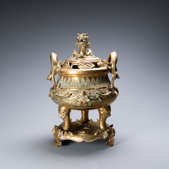 A large Chinese bronze censer and cover on stand with sea animals and shells, Qing