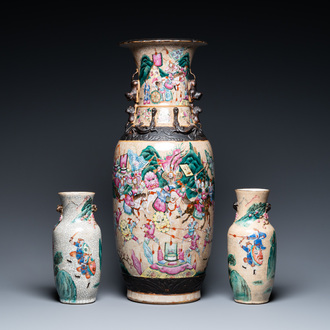 Three Chinese Nanking famille rose crackle-glazed vases, 19th C.