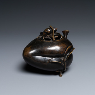 A Chinese peach-shaped bronze censer and cover, Qing