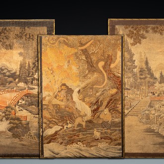 Trois grands panneaux en broderie de soie à décor de paysages, Japon, Meiji, 19ème