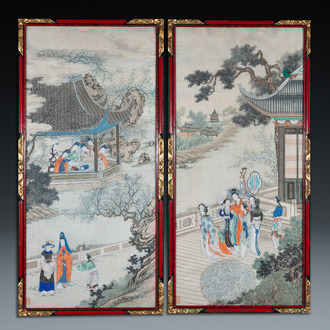 Ecole chinoise, encre et couleurs sur soie: 'Deux scène aux femmes au bord d'une fleuve', 19ème