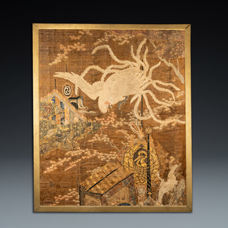 Un grand panneau en broderie de soie à décor d'un phénix, Japon, Meiji, 19ème