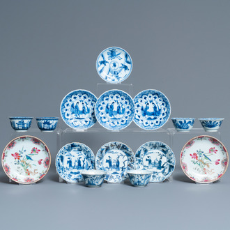 Neuf soucoupes et six tasses en porcelaine de Chine en bleu et blanc et famille rose, Kangxi/Qianlong