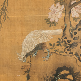 Ecole chinoise, encre et couleurs sur soie: 'Canards et oiseaux au bord d'une rivière', fin du Ming/début du Qing