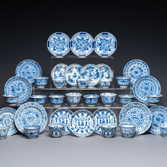 Twenty Chinese blue and white saucers and nineteen cups, Kangxi and later