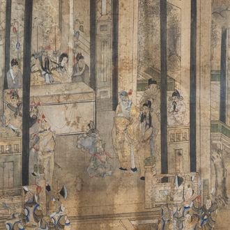 Chinese school, ink and color on silk: 'Palace scene with soldiers', Qing