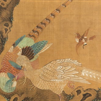 Chinese school, ink and color on silk: 'Landscape with birds', 17/18th C.