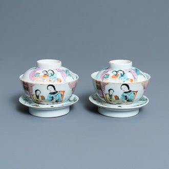 A pair of Chinese qianjiang cai covered bowls on stands, 19/20th C.