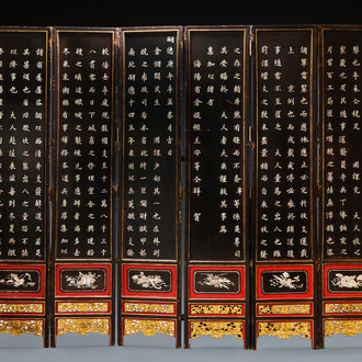 A Chinese six-fold mother-of-pearl-inlaid wooden screen for the Straits or Peranakan market, 19th C.