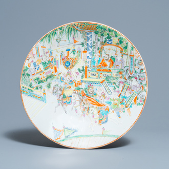 A large Chinese Canton famille rose 'horseriders' dish, 19th C.