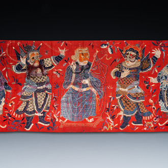 A Chinese red-ground felt cloth with silk embroidery of figures, 19th C.