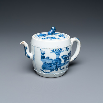 A Chinese blue and white 'antiquities' teapot and cover, Kangxi