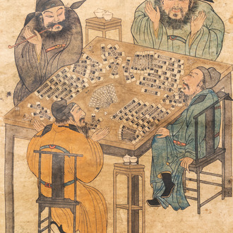 Naar You Qiu (ca. 1525-1580), druk opgehoogd met inkt en kleur op papier: 'Vier mahjong-spelers', 20e eeuw