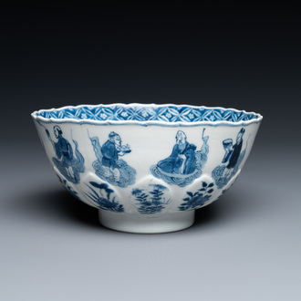 A Chinese blue and white lotus-shaped 'immortals' bowl, Chenghua mark, Kangxi