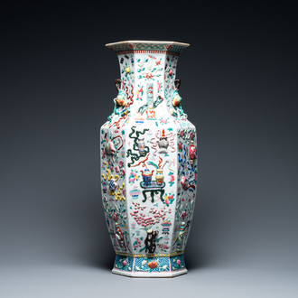 A Chinese hexagonal famille rose 'antiquities' vase, 19th C.