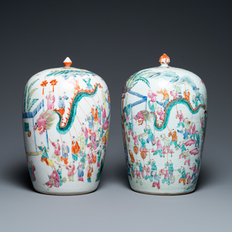 Two Chinese famille rose 'spring festival' jars and covers, 19th C.