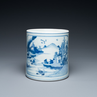 A Chinese blue and white brush pot with a landscape and antiquities, Kangxi