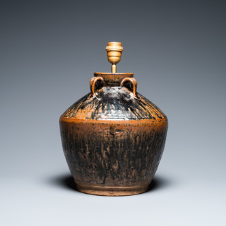 A Chinese brown-spotted black-glazed jar transformed into a lamp, Song