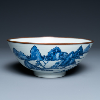 A Chinese 'Bleu de Hue' bowl for the Vietnamese market with the Hai Van mountains, Thanh Ngoan mark for Nguyen Phuc Chu, Kangxi