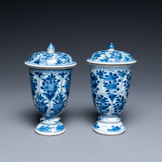 A pair of Chinese blue and white beakers and covers, Kangxi