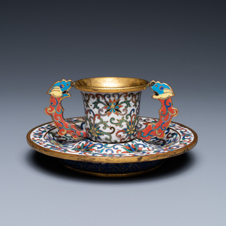 A Chinese cloisonné two-handled 'lotus scroll' cup on stand, 18/19th C.