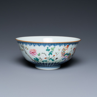 A Chinese famille rose 'cranes and phoenix' bowl, Qianlong mark, 18/19th C.