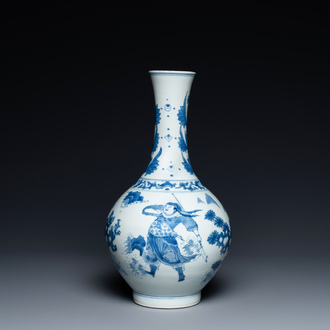 A Chinese blue and white bottle vase depicting four figures, Transitional period