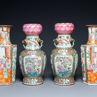 Deux paires de vases en porcelaine de Chine famille rose de Canton, 19ème