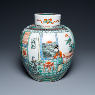 Un grand pot couvert en porcelaine de Chine famille verte, 19ème