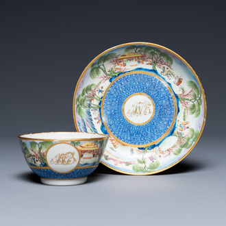 A rare Chinese Canton famille rose cup and saucer, 19th C.