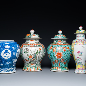 Four various Chinese famille rose, verte and blue and white vases, 19/20th C.