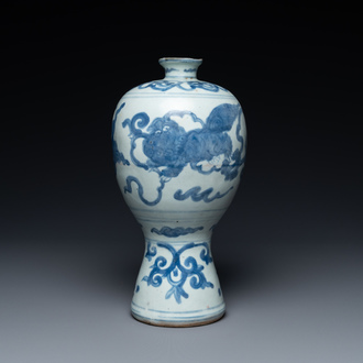 A Chinese blue and white 'Buddhist lions' 'meiping' vase, Ming