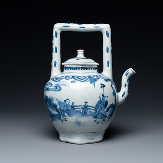 A large Chinese blue and white hexagonal teapot and cover, Transitional period