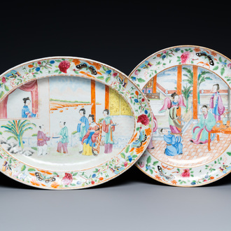 Un plat ovale et un plat rond en porcelaine de Chine famille rose de Canton, 19ème