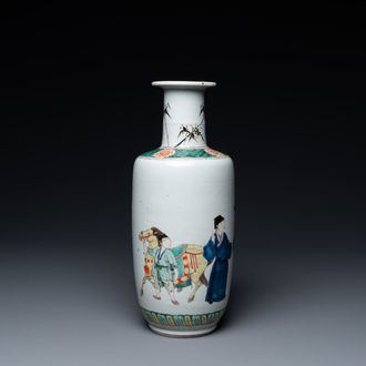 A Chinese famille verte rouleau vase with narrative design, Kangxi