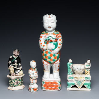 Four Chinese famille verte and noire figures, Kangxi