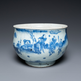 A Chinese blue and white censer with figures in a landscape, Transitional period