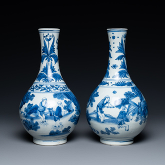 A pair of Chinese blue and white 'Wang Xizhi' bottle vases, Transitional period