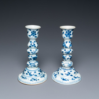 A pair of Chinese blue and white candlesticks, Kangxi