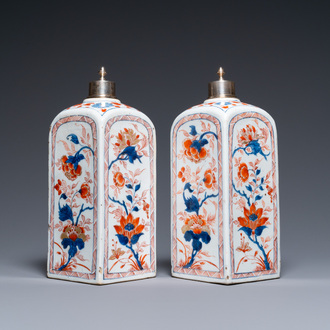 A pair of Chinese square Imari-style bottles with silver lids, Kangxi